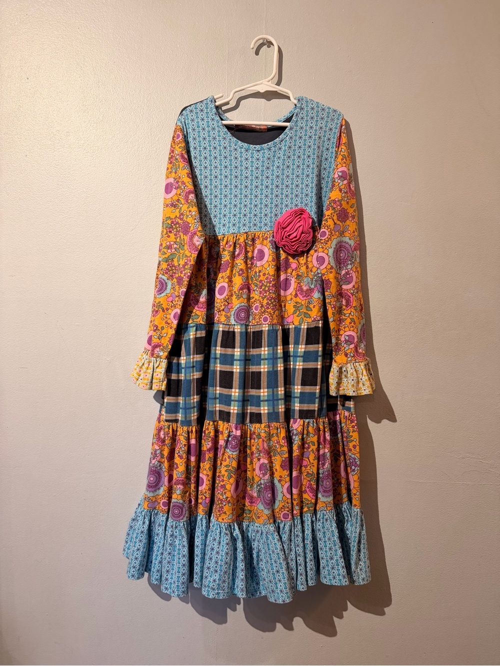 Jelly The Pug Blue, Yellow & Pink Multi-Pattern Tiered Dress with Pink Rosette